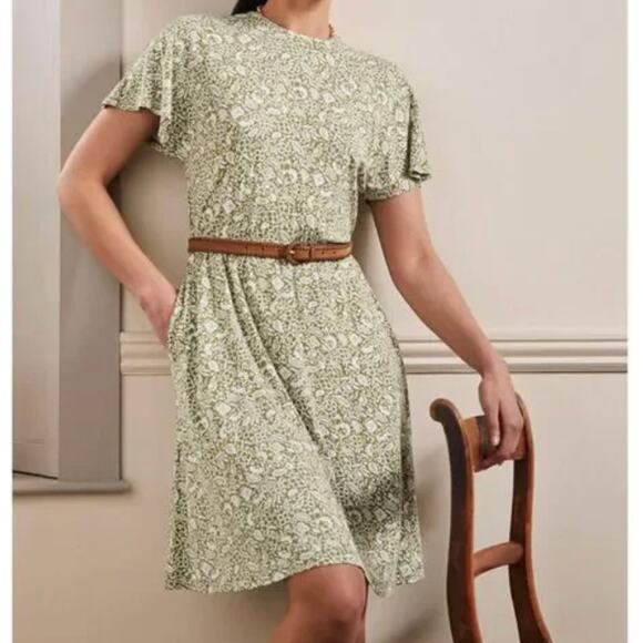 Boden Flutter Sleeve Jersey Dress Green Pea Oriental Paradise Mini Short Sleeve‎ - Picture 1 of 9